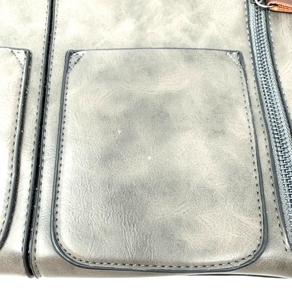 Gray Leather Tote Bag Brown Strap Large Zip Pocket Shoulder Bag - Picture 12 of 15